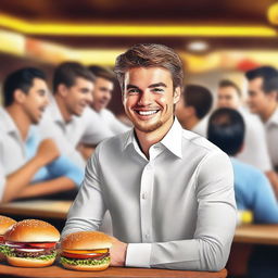 A hyper-realistic digital art piece showcases a handsome young man in a white shirt, portrayed as the happy CEO of a burger restaurant, surrounded by many people