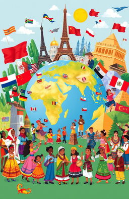 A vibrant illustration depicting the rich tapestry of diverse world cultures: featuring various traditional costumes from around the globe, colorful flags, people of different ethnic backgrounds engaged in cultural activities like dancing, cooking, and crafts