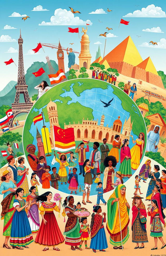 A vibrant illustration depicting the rich tapestry of diverse world cultures: featuring various traditional costumes from around the globe, colorful flags, people of different ethnic backgrounds engaged in cultural activities like dancing, cooking, and crafts