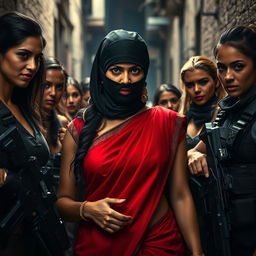 A tense and dramatic scene depicting a beautiful Indian woman in a striking red saree, wearing a black balaclava, as she is surrounded by a group of powerful women