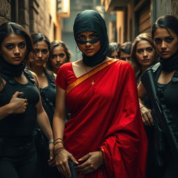 A tense and dramatic scene depicting a beautiful Indian woman in a striking red saree, wearing a black balaclava, as she is surrounded by a group of powerful women