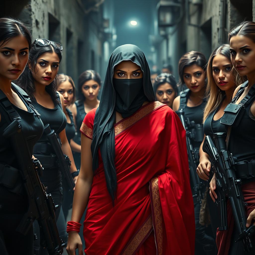 A tense and dramatic scene depicting a beautiful Indian woman in a striking red saree, wearing a black balaclava, as she is surrounded by a group of powerful women