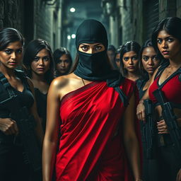 A tense and dramatic scene depicting a beautiful Indian woman in a striking red saree, wearing a black balaclava, as she is surrounded by a group of powerful women