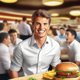 A hyper-realistic digital art piece showcases a handsome young man in a white shirt, portrayed as the happy CEO of a burger restaurant, surrounded by many people