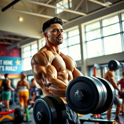 A fit, muscular person confidently lifting weights in a vibrant gym setting