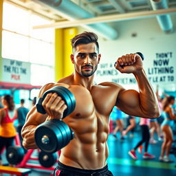 A fit, muscular person confidently lifting weights in a vibrant gym setting