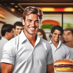 A hyper-realistic digital art piece showcases a handsome young man in a white shirt, portrayed as a happy boss with his cooks in front of a burger restaurant