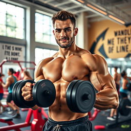 A fit, muscular person confidently lifting weights in a vibrant gym setting
