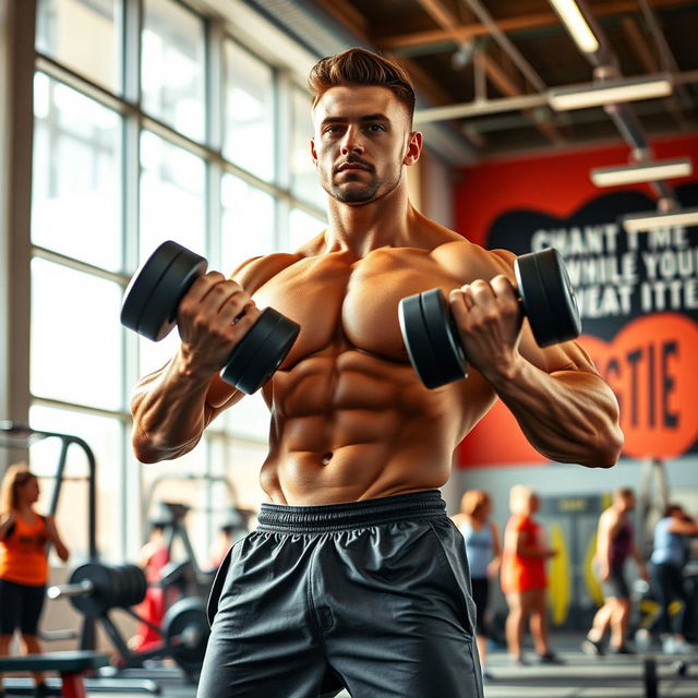 A fit, muscular person confidently lifting weights in a vibrant gym setting