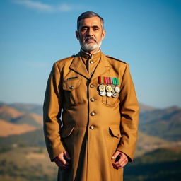 A full-length portrait of an Iranian martyr in traditional attire, standing proudly with a solemn expression