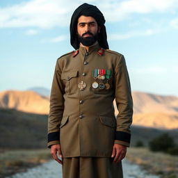 A full-length portrait of an Iranian martyr in traditional attire, standing proudly with a solemn expression