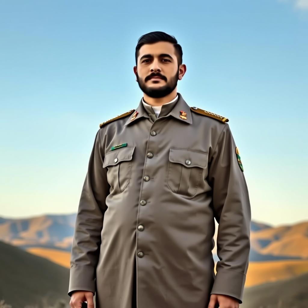 A full-length portrait of an Iranian martyr in traditional attire, standing proudly with a solemn expression