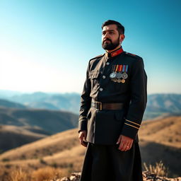 A full-length portrait of an Iranian martyr in traditional attire, standing proudly with a solemn expression