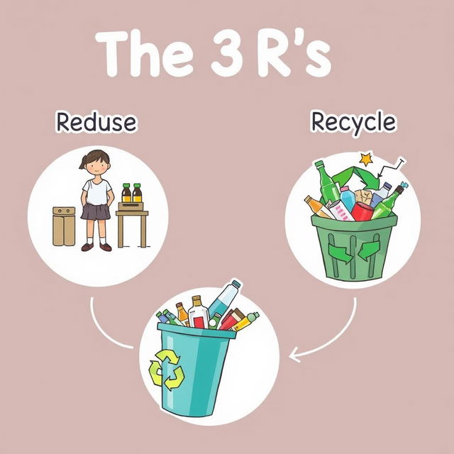 An educational illustration depicting the concept of the 3 R's: Reduce, Reuse, Recycle