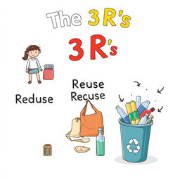 An educational illustration depicting the concept of the 3 R's: Reduce, Reuse, Recycle