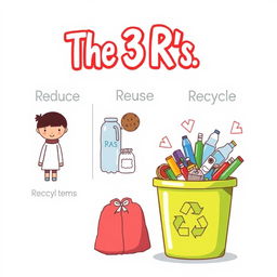 An educational illustration depicting the concept of the 3 R's: Reduce, Reuse, Recycle