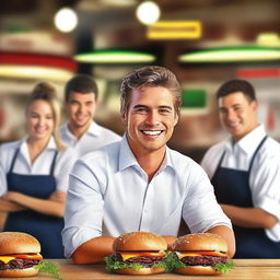 A hyper-realistic digital art piece showcases a handsome young man in a white shirt, portrayed as a happy boss with his cooks in front of a burger restaurant