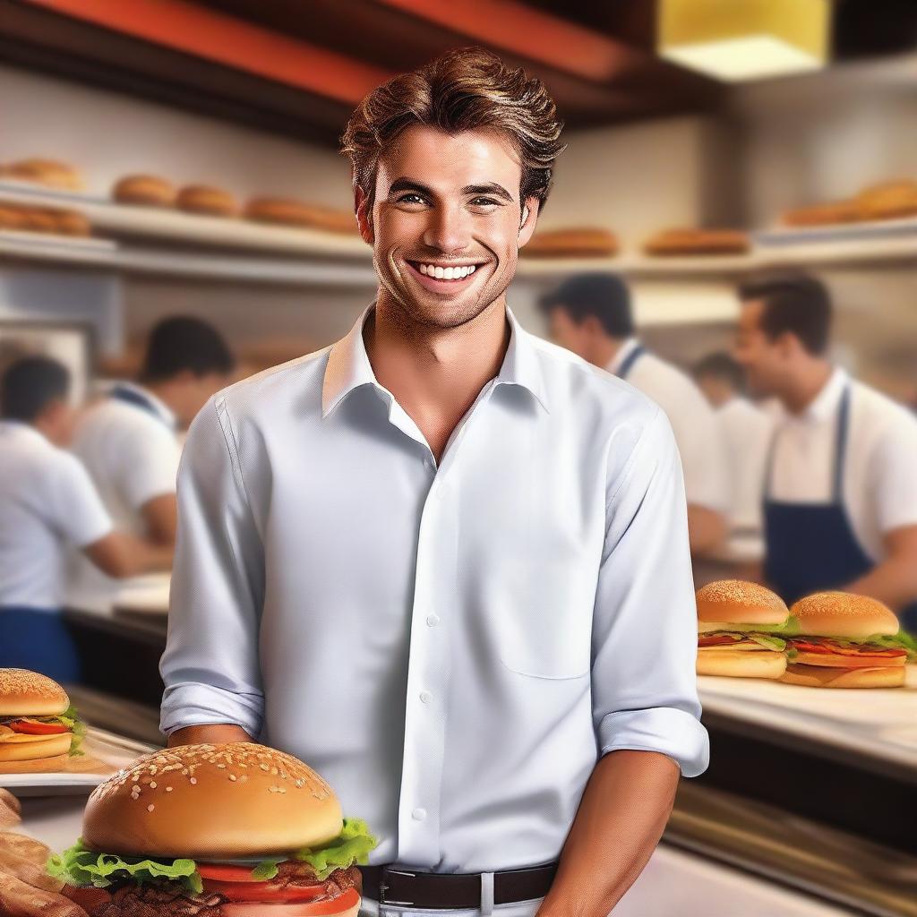 A hyper-realistic digital art piece showcases a handsome young man in a white shirt, portrayed as a happy boss with his cooks in front of a burger restaurant