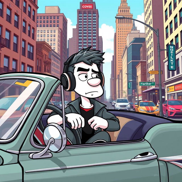 A cartoon-style vector illustration of a Doomer character with white skin, sitting in an old, vintage car that has a classic design