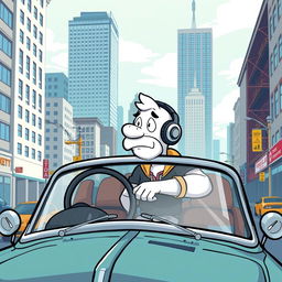 A cartoon-style vector illustration of a Doomer character with white skin, sitting in an old, vintage car that has a classic design