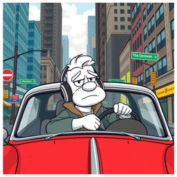 A cartoon-style vector illustration of a Doomer character with white skin, sitting in an old, vintage car that has a classic design