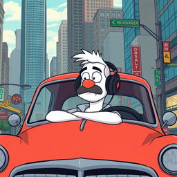 A cartoon-style vector illustration of a Doomer character with white skin, sitting in an old, vintage car that has a classic design