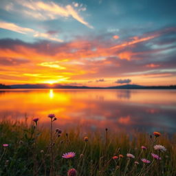 A beautifully polished and bright landscape capturing a serene sunset over a calm lake, where the sky is a vibrant mix of oranges, pinks, and purples reflecting onto the glassy water
