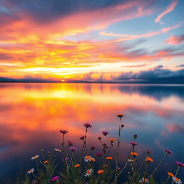 A beautifully polished and bright landscape capturing a serene sunset over a calm lake, where the sky is a vibrant mix of oranges, pinks, and purples reflecting onto the glassy water