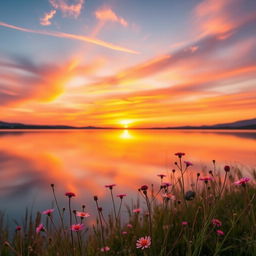 A beautifully polished and bright landscape capturing a serene sunset over a calm lake, where the sky is a vibrant mix of oranges, pinks, and purples reflecting onto the glassy water