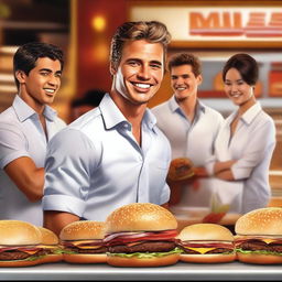 A hyper-realistic digital art piece showcases a handsome young man in a white shirt, portrayed as a happy boss with his cooks in front of a burger restaurant