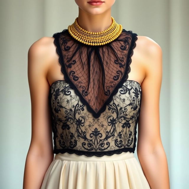 A fashionable outfit featuring a stunning dress with intricate design elements