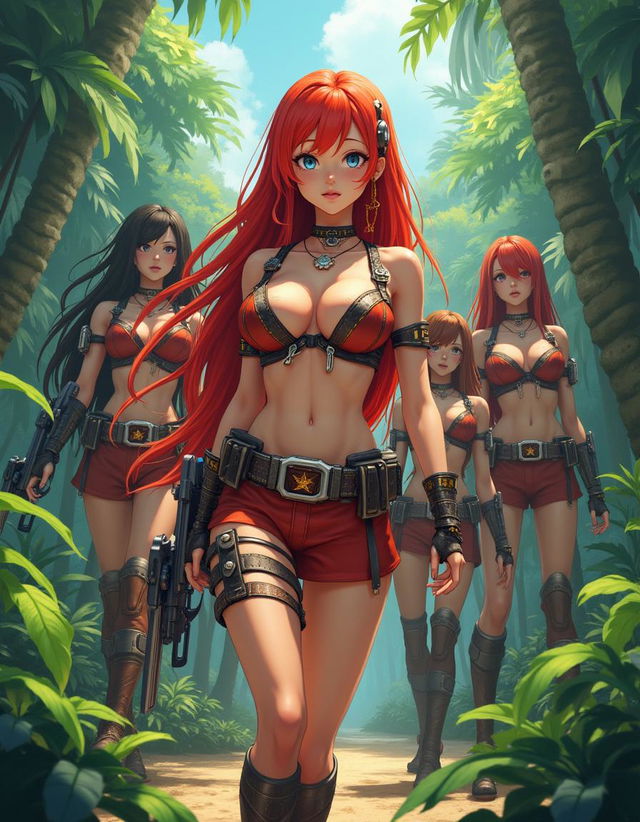 A stunning anime girl with bright red hair and very large breasts, standing confidently in front of several tall Amazon warrior women