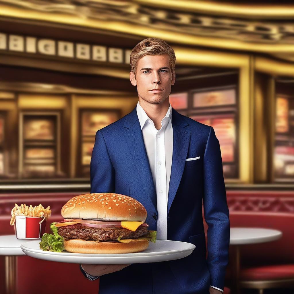 A hyper-realistic digital art piece features a handsome young man, richly dressed, standing confidently in front of a burger restaurant