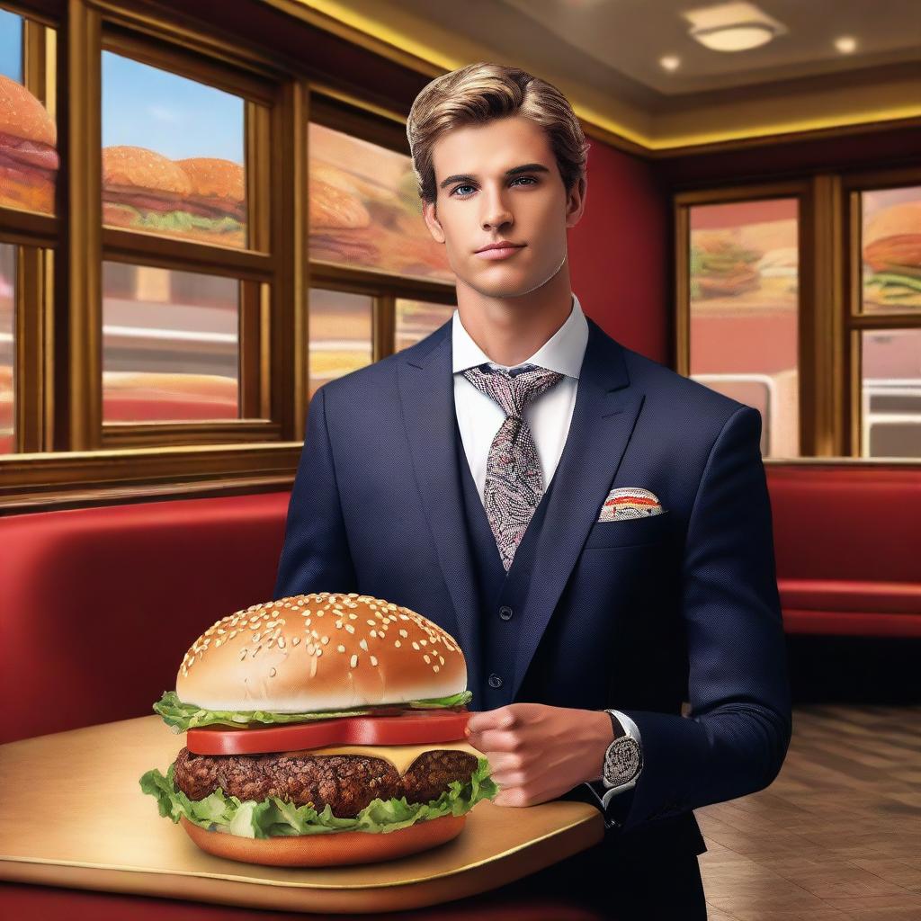 A hyper-realistic digital art piece features a handsome young man, richly dressed, standing confidently in front of a burger restaurant