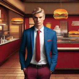 A hyper-realistic digital art piece features a handsome young man, richly dressed, standing confidently in front of a burger restaurant