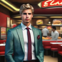 A hyper-realistic digital art piece features a handsome young man, richly dressed, standing confidently in front of a burger restaurant