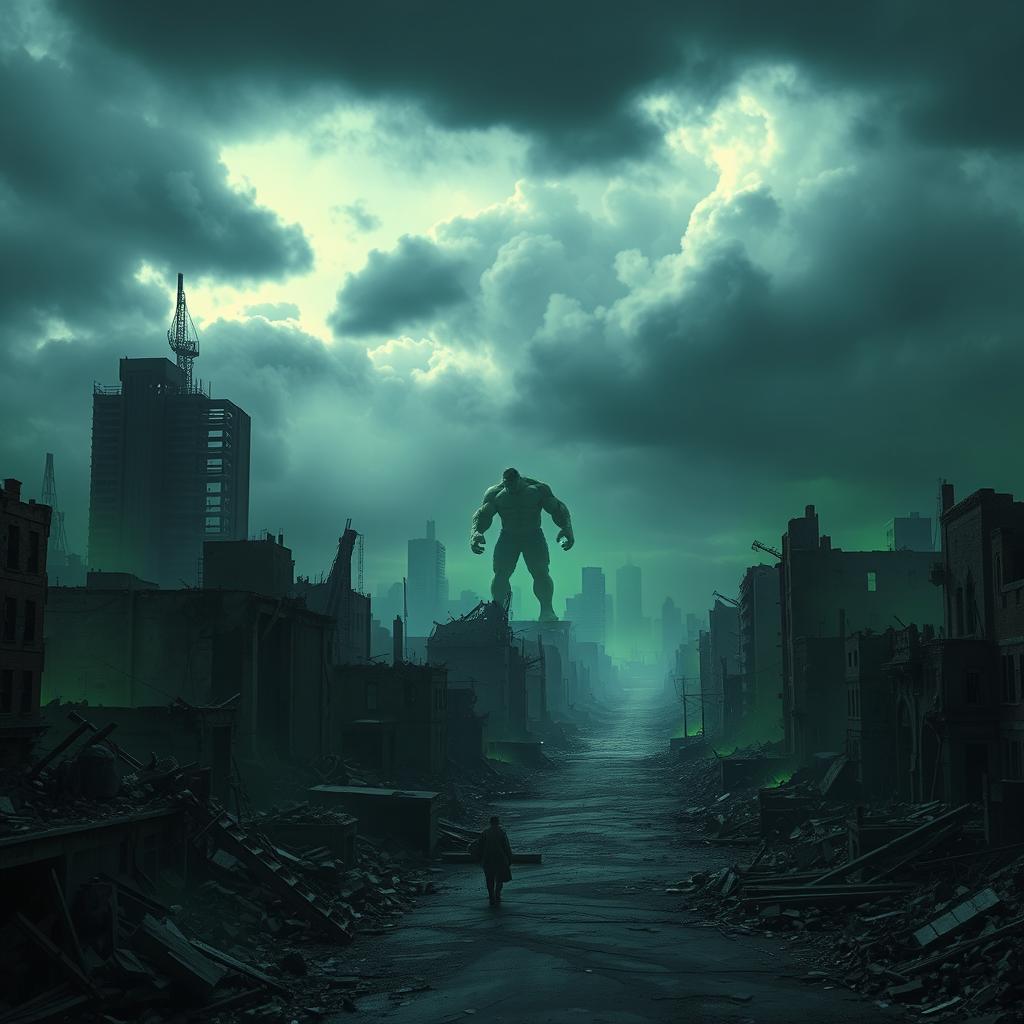 A devastated city in ruins under a dark, apocalyptic sky, with crumbling buildings and debris scattered throughout the streets