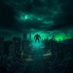A devastated city in ruins under a dark, apocalyptic sky, with crumbling buildings and debris scattered throughout the streets