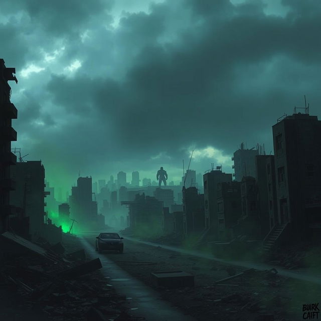 A devastated city in ruins under a dark, apocalyptic sky, with crumbling buildings and debris scattered throughout the streets