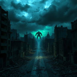 A devastated city in ruins under a dark, apocalyptic sky, with crumbling buildings and debris scattered throughout the streets