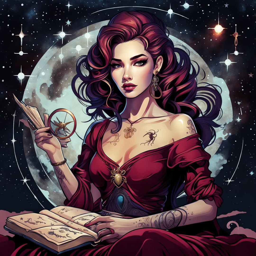 A digital art image of a beautiful woman embodying the traits of the Scorpio star sign, with a Scorpio symbol tattoo, and surrounded by faint images of a scorpion, a heart, a magnifying glass, and a locked diary against a starry backdrop