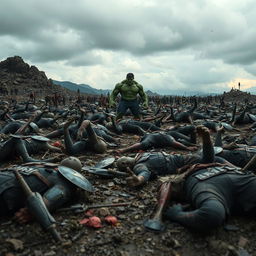A battlefield filled with fallen superheroes, their broken weapons and tattered costumes scattered across the ground, showcasing the aftermath of a fierce battle