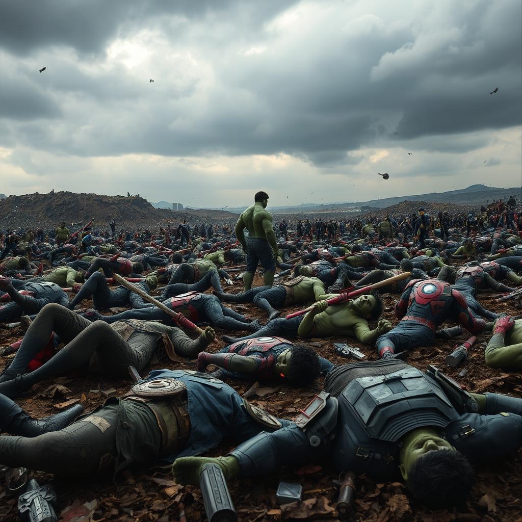 A battlefield filled with fallen superheroes, their broken weapons and tattered costumes scattered across the ground, showcasing the aftermath of a fierce battle