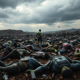A battlefield filled with fallen superheroes, their broken weapons and tattered costumes scattered across the ground, showcasing the aftermath of a fierce battle