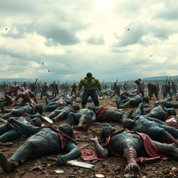 A battlefield filled with fallen superheroes, their broken weapons and tattered costumes scattered across the ground, showcasing the aftermath of a fierce battle