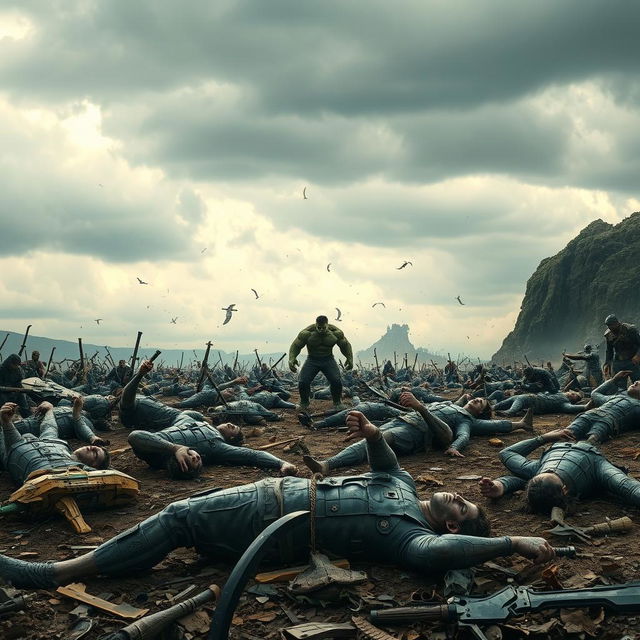 A battlefield filled with fallen superheroes, their broken weapons and tattered costumes scattered across the ground, showcasing the aftermath of a fierce battle