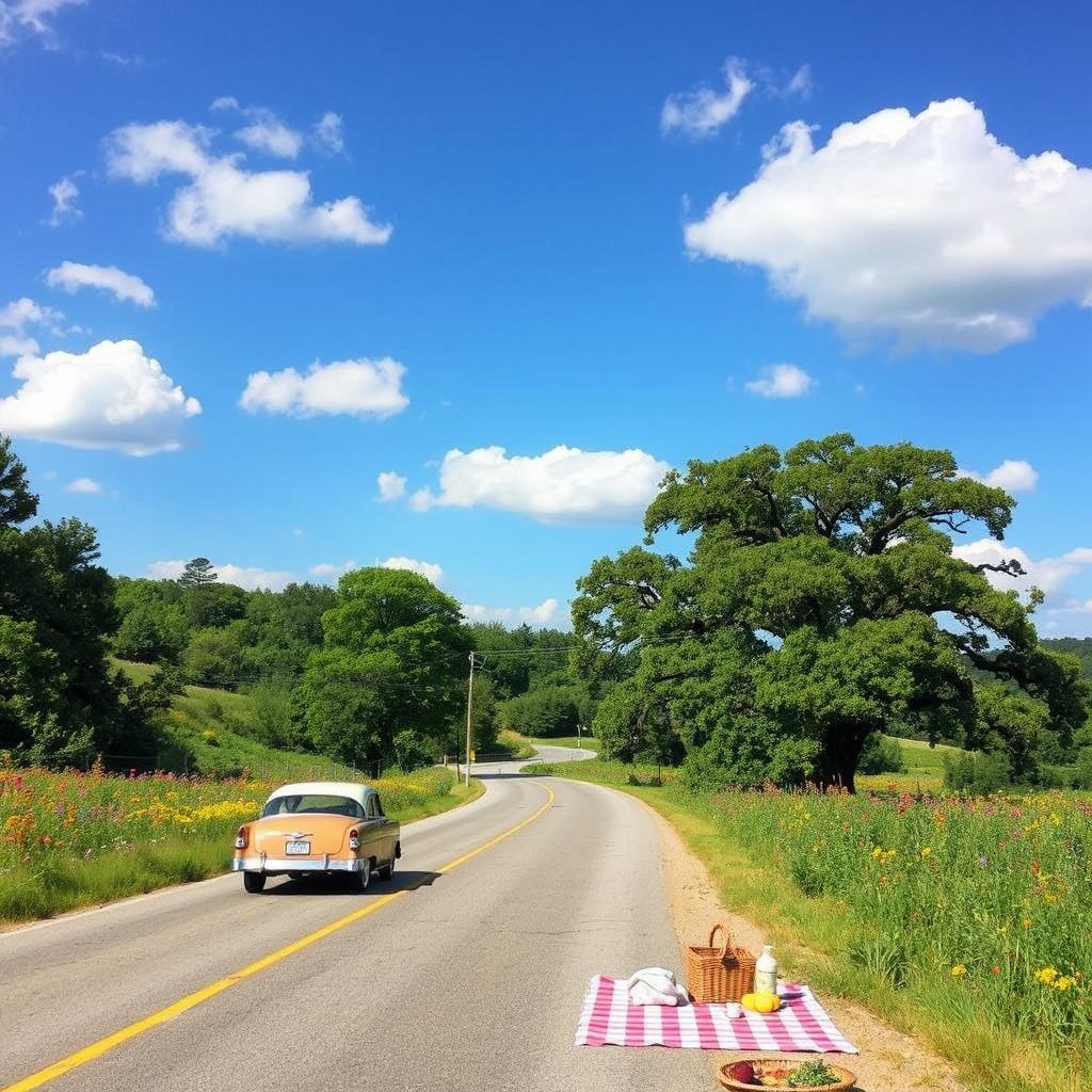 A scenic roadside landscape, featuring a winding road flanked by lush green trees and vibrant wildflowers in full bloom