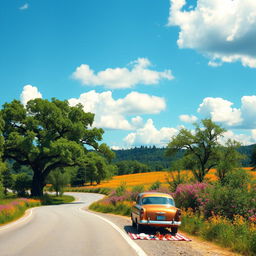 A scenic roadside landscape, featuring a winding road flanked by lush green trees and vibrant wildflowers in full bloom