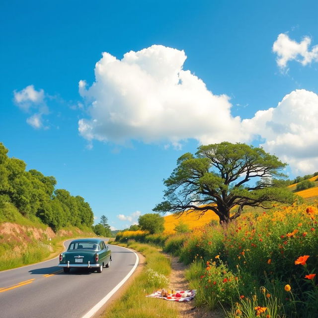 A scenic roadside landscape, featuring a winding road flanked by lush green trees and vibrant wildflowers in full bloom