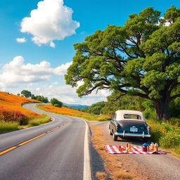 A scenic roadside landscape, featuring a winding road flanked by lush green trees and vibrant wildflowers in full bloom